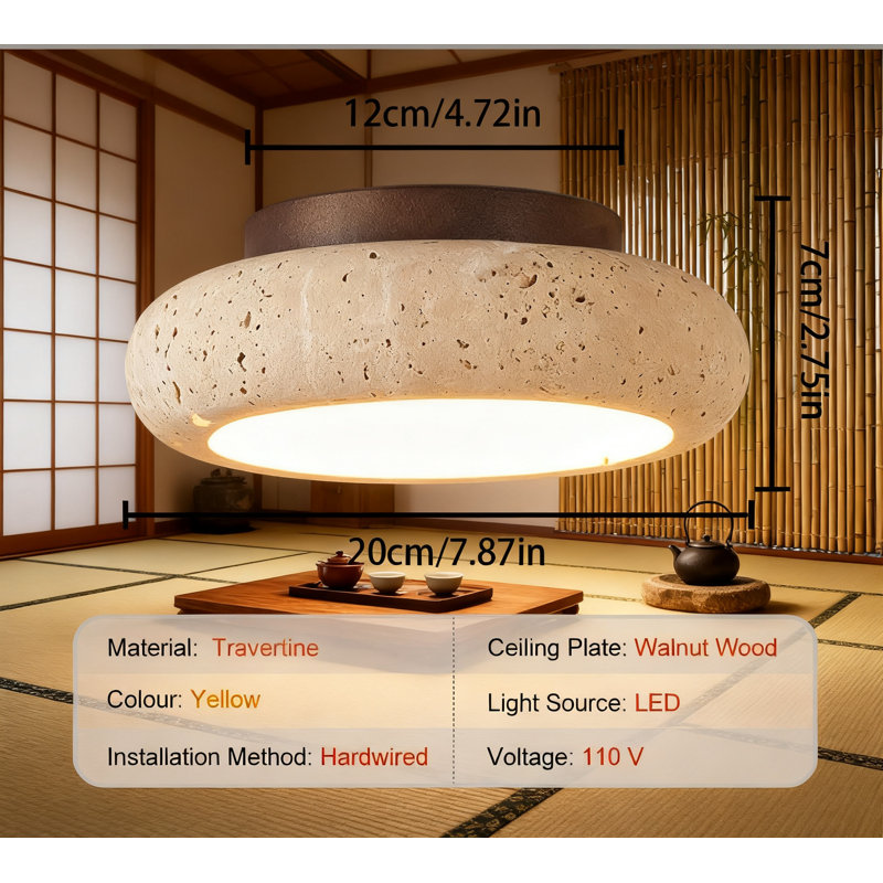 Plafonnier en travertin avec abat-jour rond en pierre, conception moderne Mid-Century Wabi Sabi pour un éclairage d'ambiance doux dans la chambre à coucher, la cuisine, le couloir