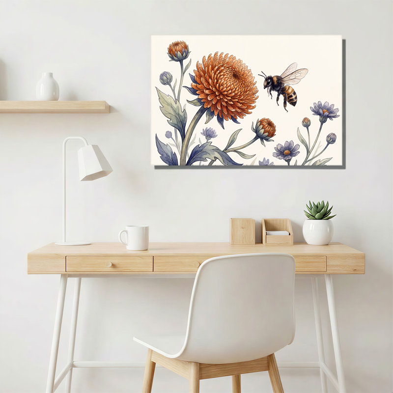 Illustration botanique sur toile représentant un chrysanthème orange et une abeille, H 16 po x l 24 po