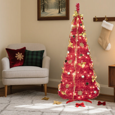 Arbre de Noël escamotable 6 pi avec 150 lumières blanc chaud et ornements de boule
