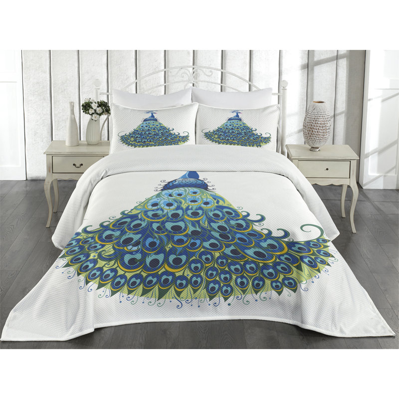 White Twin Quilted Bedspread Set with Peacock Design