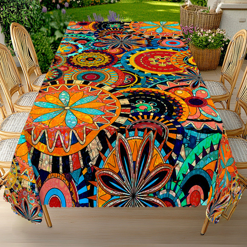 Washable Bohemian Abstract Floral Pattern Tablecloth, 86" L x 60" W