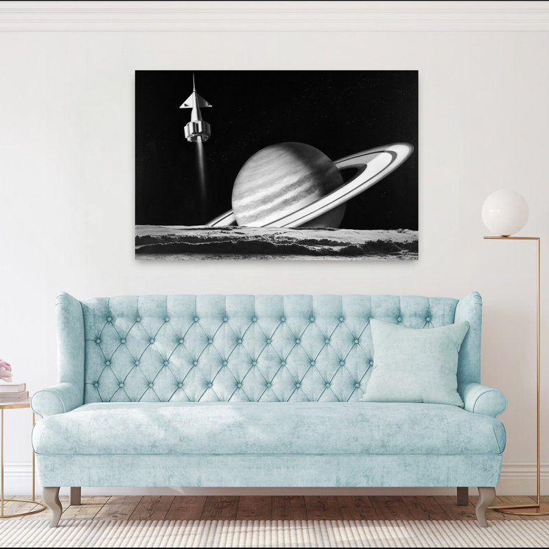 Fusée de l'espace des années 1960 survolant Saturne avec la surface d'une autre planète au premier plan, art mural rétro classique rétro