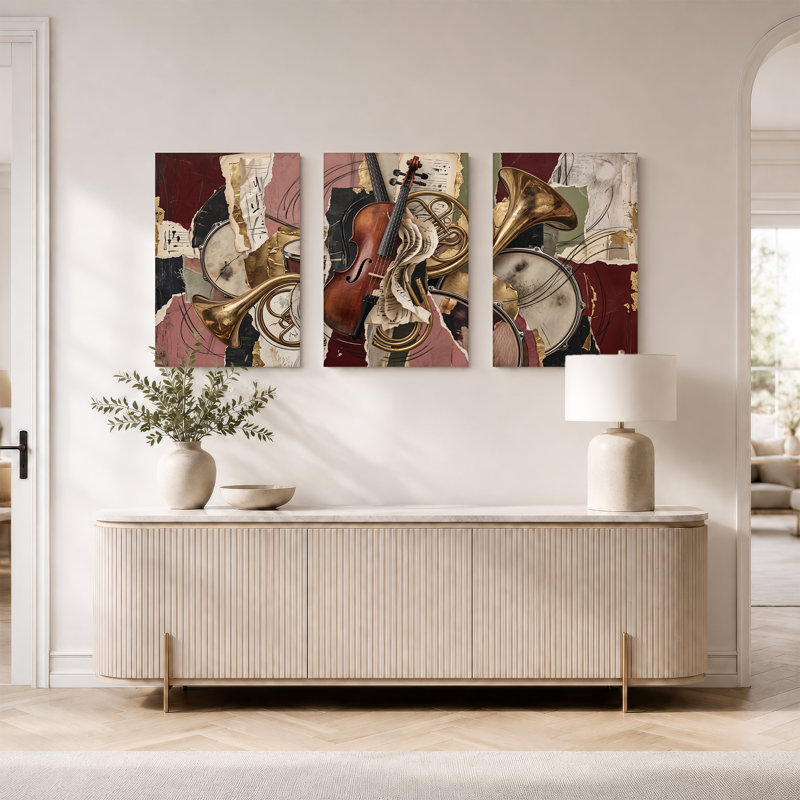 Ensemble de 3 impressions sur toile violon et cuivres sur papier déchiré, H 18 po x l 12 po x 3 pièces