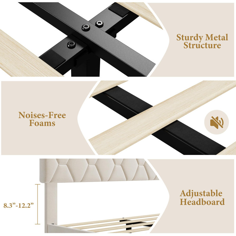 Structure de lit, structure de lit plateforme tapissier avec tête de lit réglable, support de lattes en bois réducteur de bruit, capacité de 900 lb, convient aux matelas de 8 à 15 po, aucun sommier nécessaire