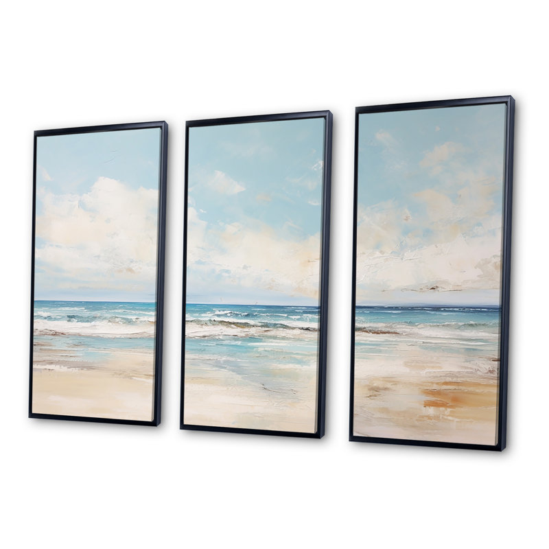 Beige et bleu plage, horizon minimaliste - ensemble d'art mural plage, Cadre flottant noir, H 32 po x l 48 po x P 1 po