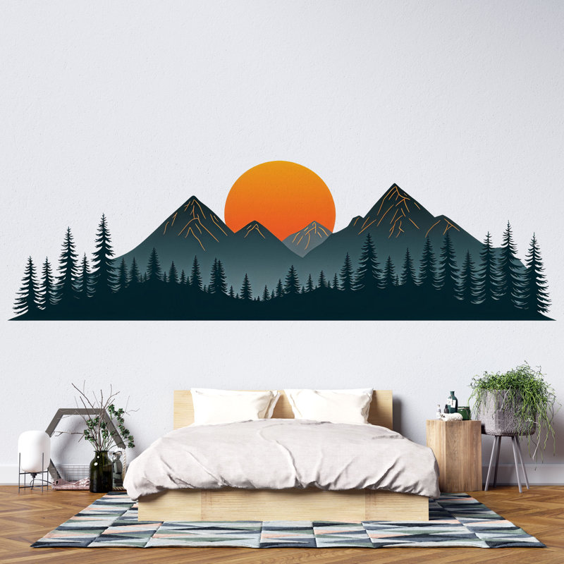 Mountain Forest Wall Decal, Sunset Mountain Wall Sticker, Nature Wall Art, Bedroom Wall Mural, Pine Tree Landscape Decor, 531Mv