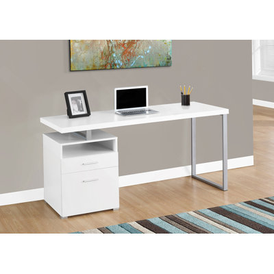 Contemporary 60 Inch Computer Desk With Storage Drawers, Reversible Left Or Right Set-Up For Home Office, White And Grey
