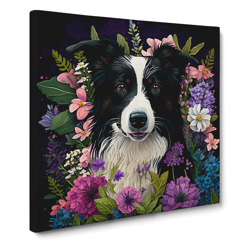 Border Collie Floral - Wrapped Canvas, 50cm H x 50cm W x 3cm D