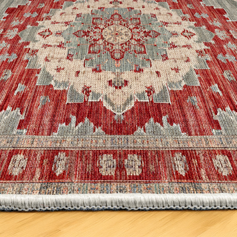 Notto Red Oriental Machine Printed Cotton Polyester Area Rug, Round 6'7"