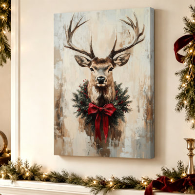 Renne avec nœud rouge - Tableau festif représentant un cerf, impression sur toile tendue de 61 cm x 41 cm, prête à être accrochée dans le salon, la chambre ou le bureau.