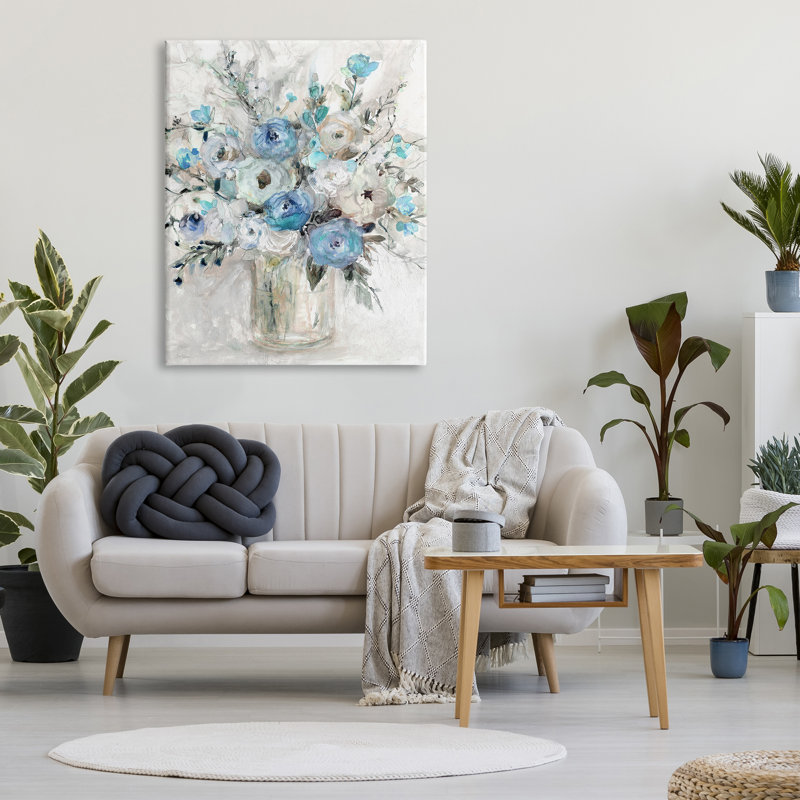 «Au-686», toile abstraite, arrangement de roses bleues sur toile par Carol Robinson, peinture, H 48 po x l 36 po x P 1,5 po