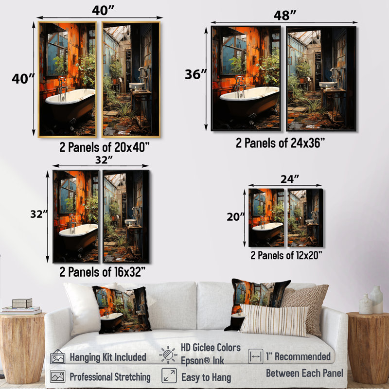 Salle de bain Urban Oasis I - Art mural orange 2 panneaux, H 36 po x l 48 po, Blanc