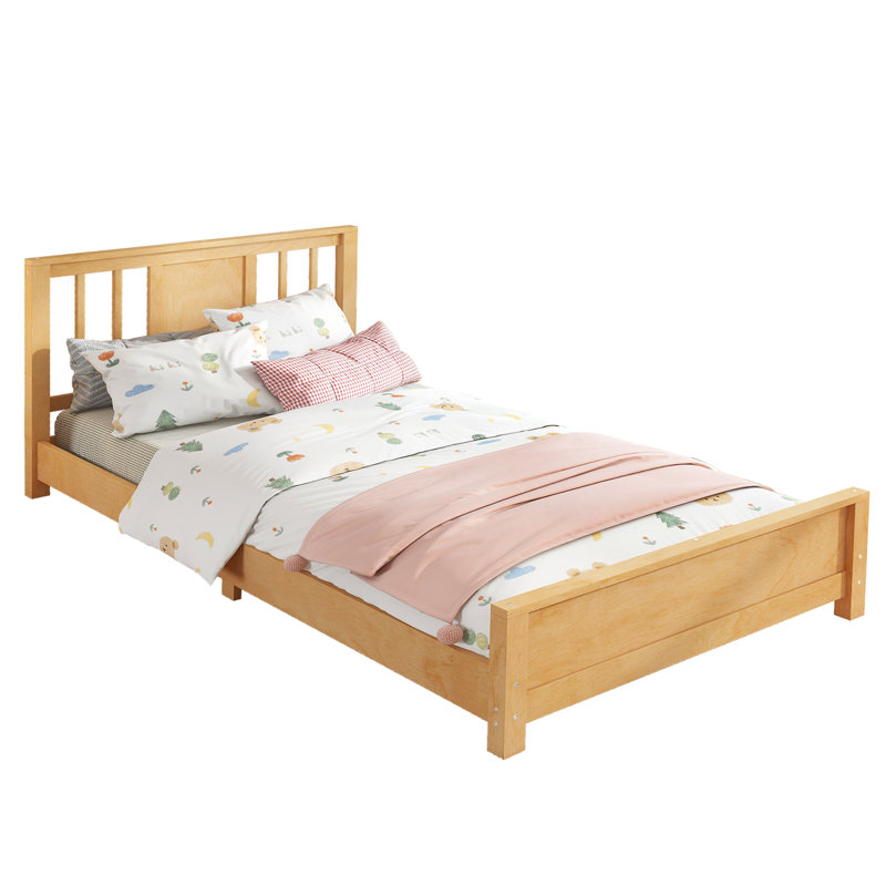 Twin Solid Wood Platform Bed Frame with Headboard – Low Profile Floor Bed with Support Slats, Natural, Natural