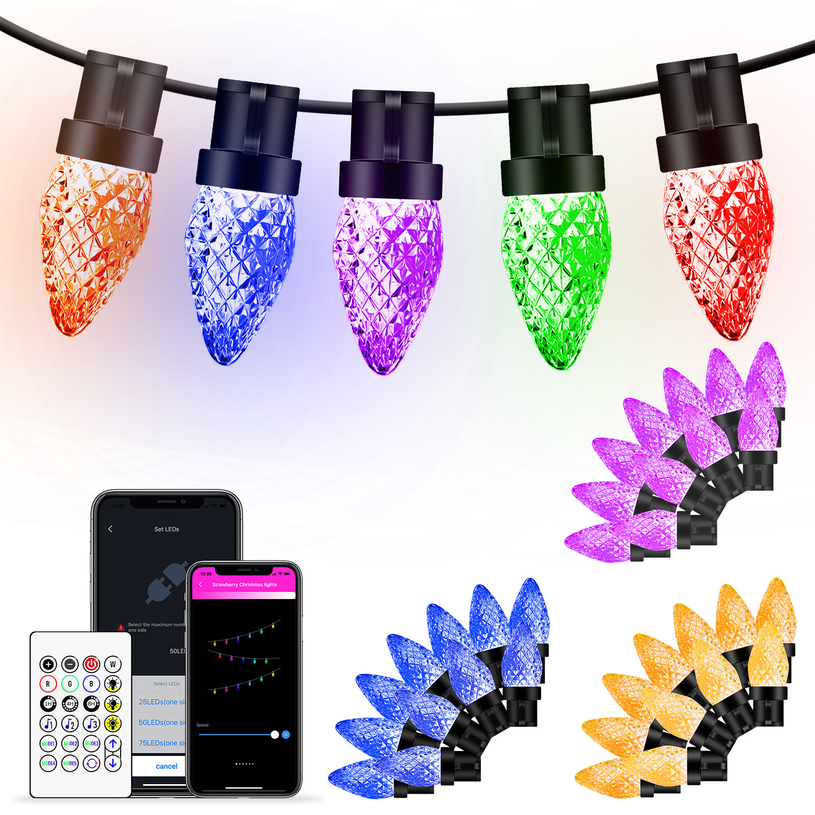 The Holiday Aisle® Christmas Smart String Lights 33Ft DIY Extendable 50 LED C9 Color Changing