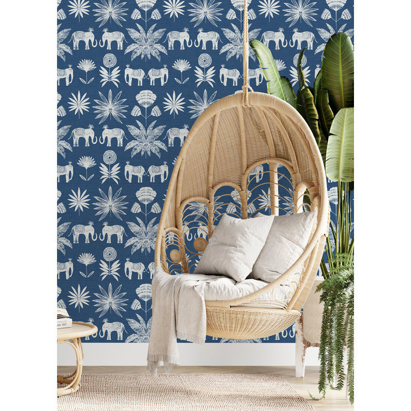 Maravilla Tropical Elephant Luxury Wallpaper, Blue