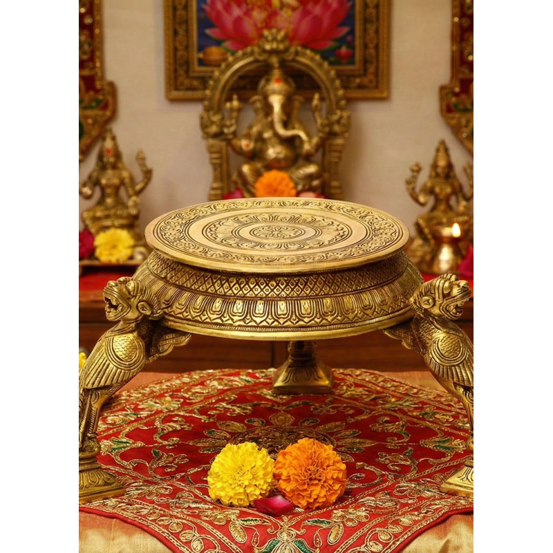 Handcrafted Indian Brass Ritual Chowki Pedestal – Intricate Temple Altar Stand & Meditation Table for Home Décor