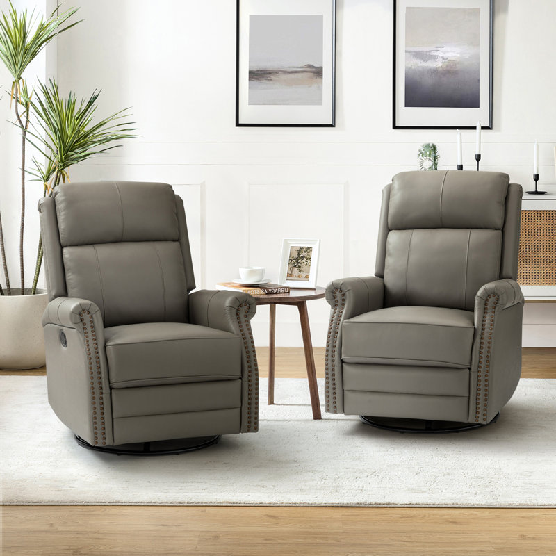 Anouschka 30.5" Wide Swivel Rocking Genuine Leather Manual Recliner, Gray Genuine Leather