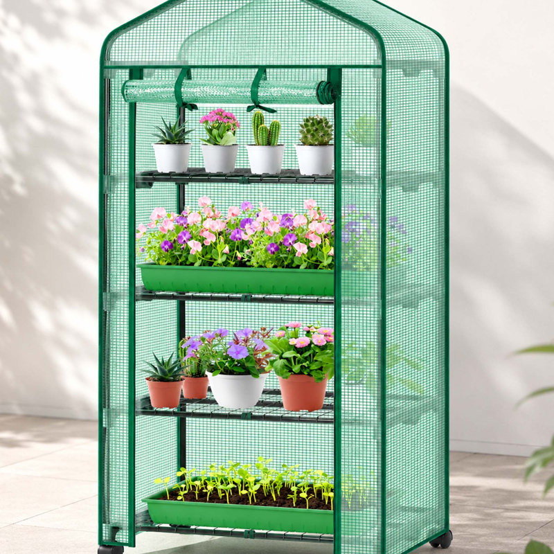 Serre mobile à roulettes, serre à 4 niveaux avec support pour plantes et bâche en PE, verte, Vert