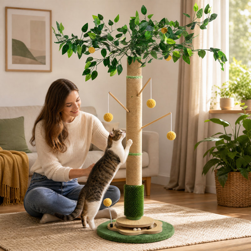 Arbre à chat avec griffoir de 122 cm de hauteur, piste à balles rotative, arche de toilettage, pompons et motif de feuilles pour chats d'intérieur