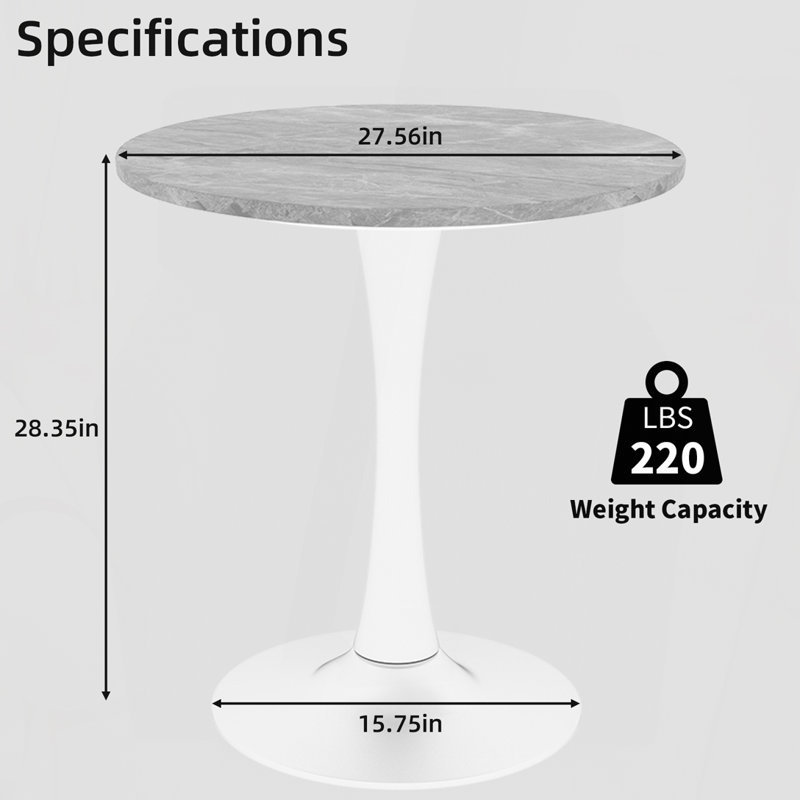 27.6" Round Marble-Effect Coffee Table with Light Gray Veined Top and White Base, Light Gray/White