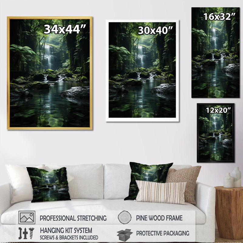 Waterfall Hidden Oasis Forest II, reproduction d'art sur toile, H 40 po x l 30 po x P 1,5 po, Cadre simple noir