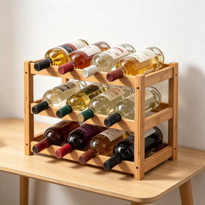 Bamboo Wine Rack, 3-Tier Sturdy Countertop Wine Storage Cabinet Shelf, Holds 12 Bottles, for Kitchen Pantry Dining Room Bar