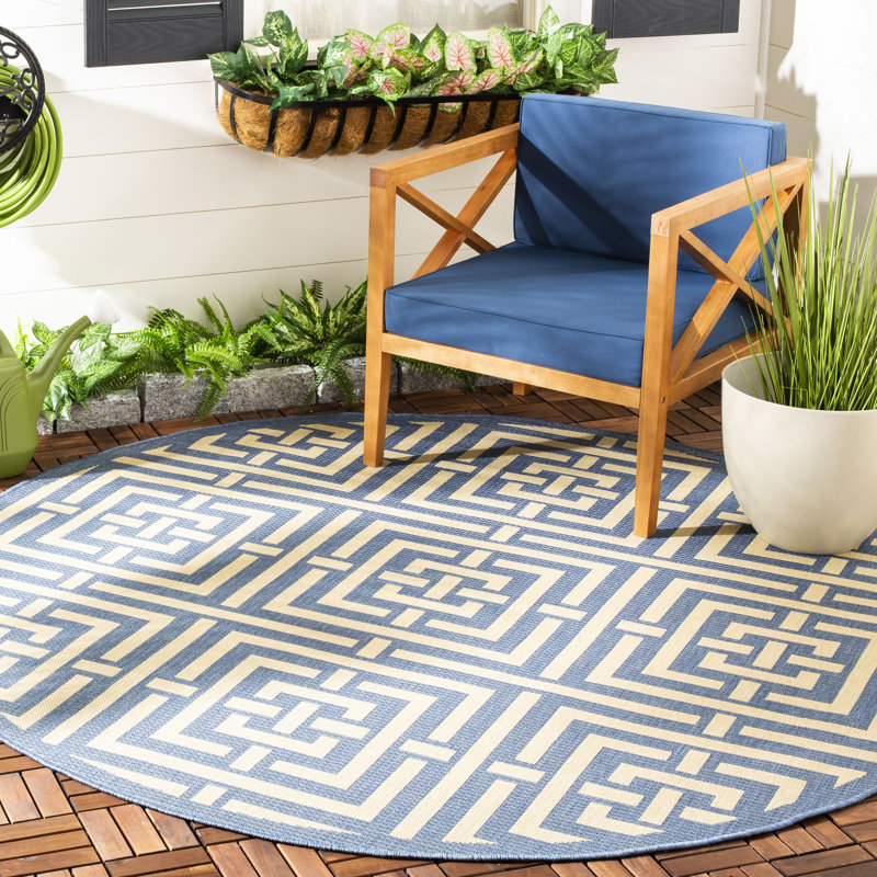 Arneshia Geometric Blue/Bone Indoor/Outdoor Area Rug, Round 6'7"