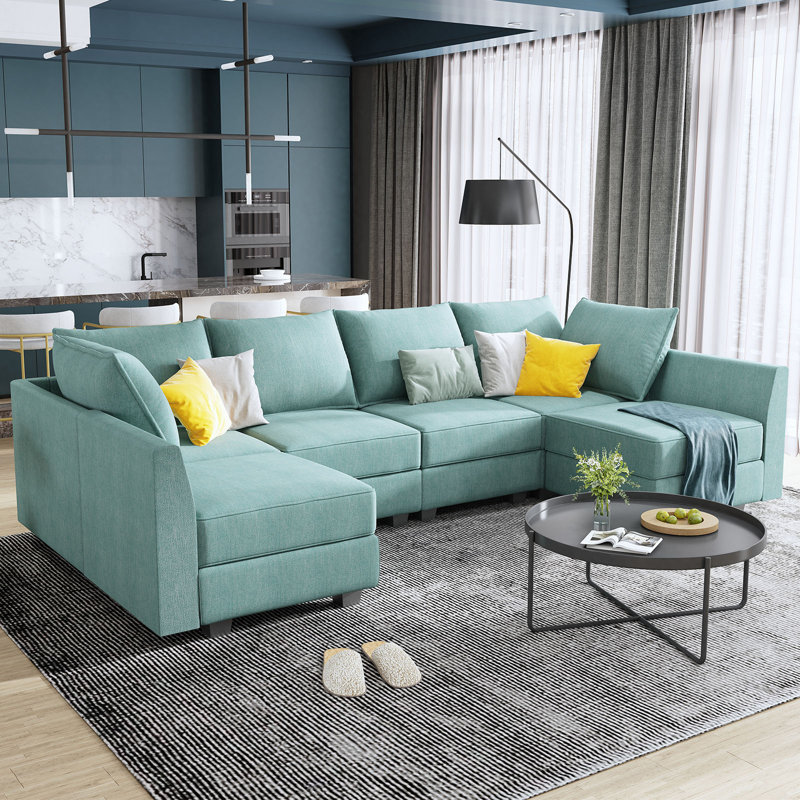 Coss U Shaped Modular Sectional Sofa with Chaise Reversible Upholstered Sectional Couch, Blue 100% Polyester