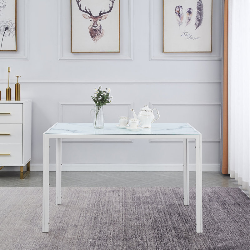 Helsea Glass Top Metal Base Dining Table, White