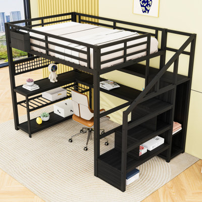 Metal Loft Bed With Staircase And LED Lights, L-Shaped Desk And Shelves