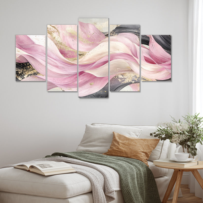Rose et blanc captivant marbre II - ensemble d'art mural abstrait vagues modernes