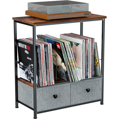 Record Player Stand With Vinyl Storage, 2-Tier Turntable Table With Fabric Drawer, Holds Up To 110 LP Albums, Compact Media Console For Living Room Or Studio