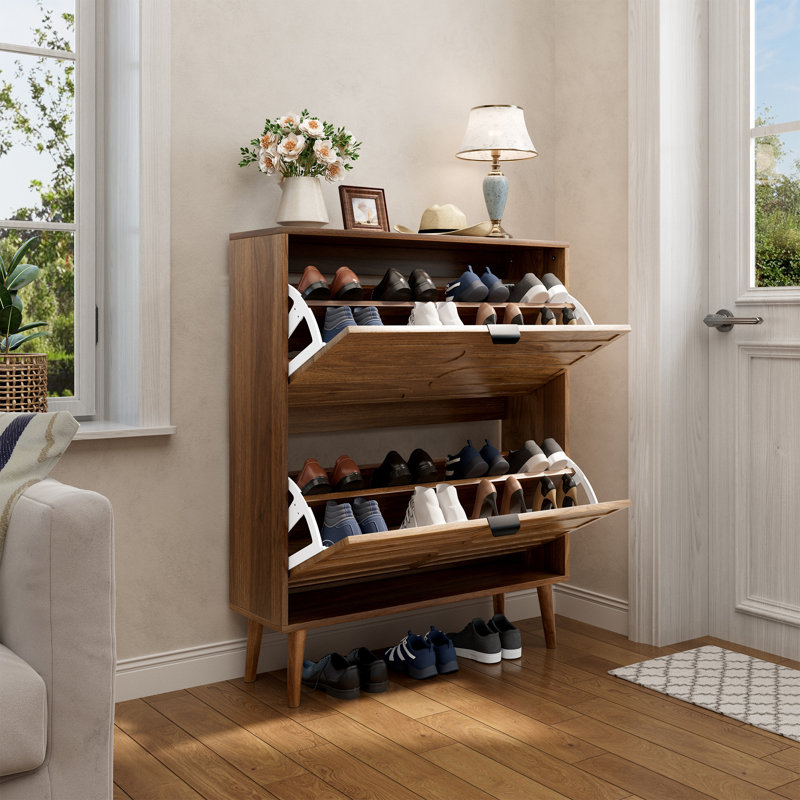Modern Freestanding Walnut Shoe Cabinet with 2 Flip Drawers