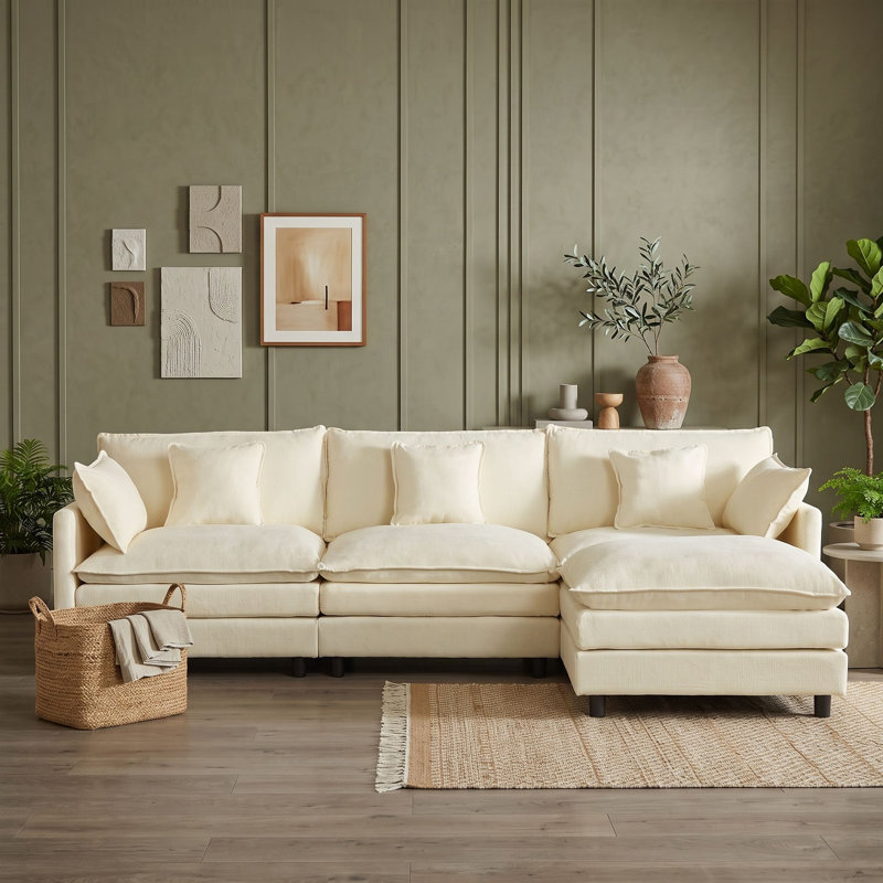 Canapé modulaire en L avec repose-pieds mobile, Beige