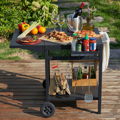 Saaba Outdoor Grill Cart Pizza Oven Trolley Stand Double Shelf Outdoor Worktable With 2 Wheels