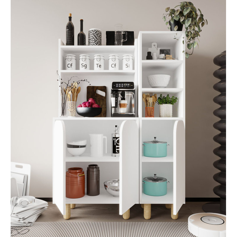 Armoire polyvalente de 61 po de hauteur avec tablettes et pieds en bois, Blanc