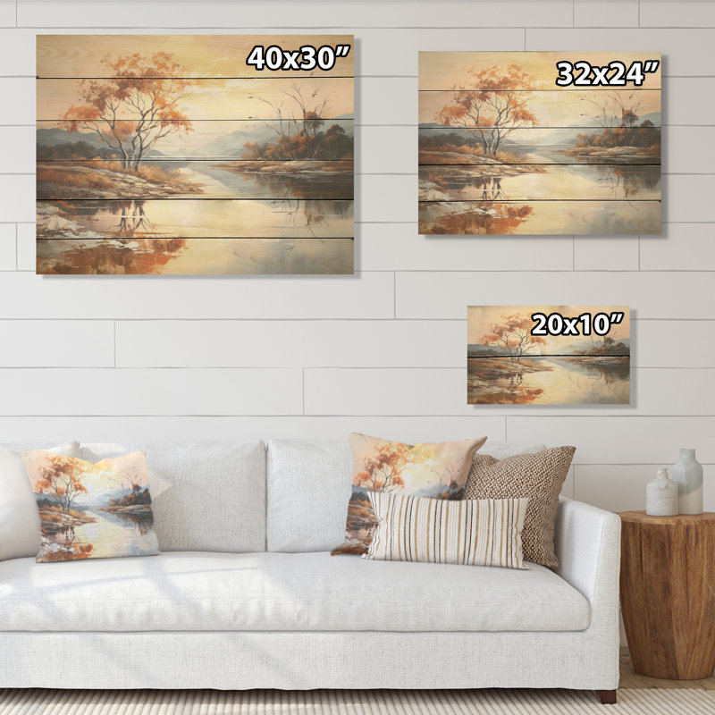 Lakes Serenity Charm Liquid Art - Lake River Wood Wall Art On Natural Pine Wood, 30" H x 40" W
