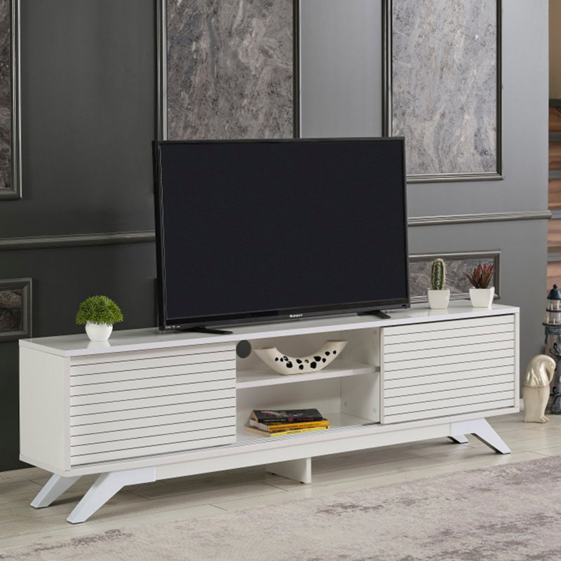 Meuble télé avec rangement 2 portes en bois massif Kely, Blanc