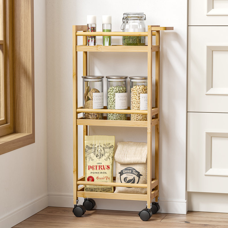 3-tier Bamboo Rolling Cart With Wheels For Home Or Office Storage