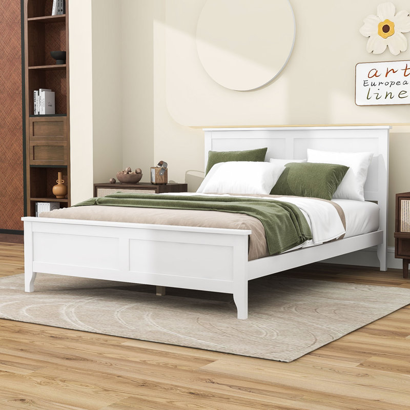 Lit plateforme en bois avec tête de lit et pieds centraux, Blanc, Double