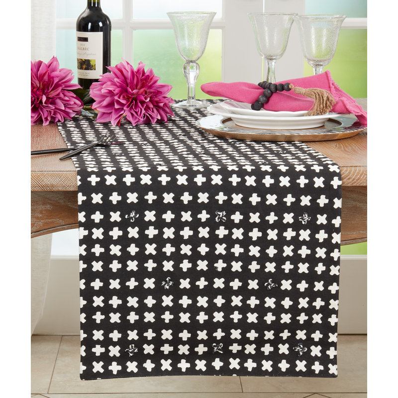 Black and White Embroidered Crosses Cotton Table Runner