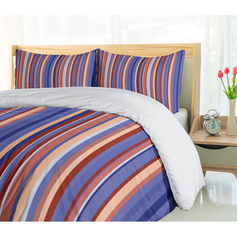 Queen Violet Blue Salmon Striped Microfiber Duvet Cover Set