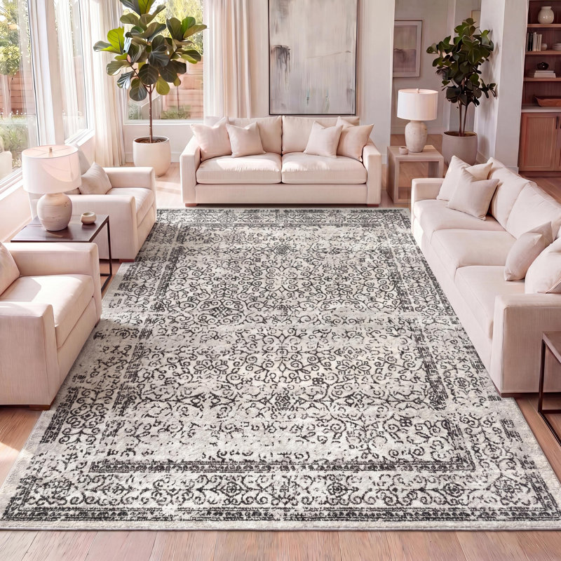 Attie Filigree Gray/Black Rug, Rectangle 3' x 5'