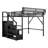 Queen Size Loft Bed with Stairs, Metal Queen Loft Bed with Storage Shelves, High Loft Bed with Wardrobe for Kids Teens Adults, Black-606741087-606741084