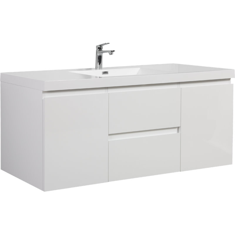 Meuble-lavabo flottant 60 po avec lavabo simple, meuble-lavabo mural moderne avec lavabo en résine, deux portes et deux tiroirs à fermeture en douceur