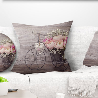 Ranunculus Flowers in Bicycle Vase - Floral Printed Pillow