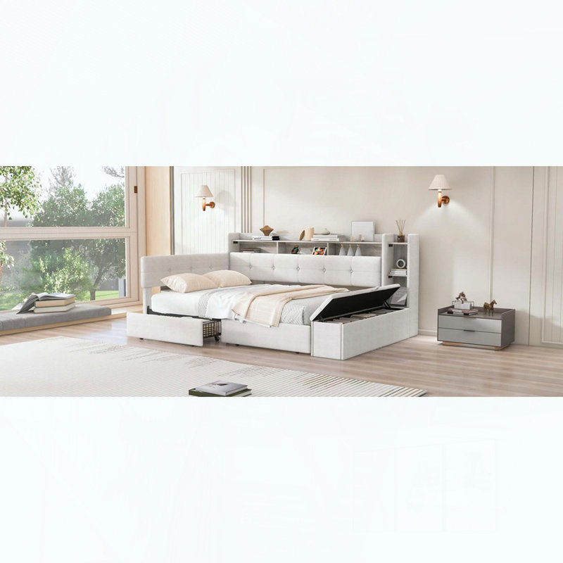 Lit de jour double rembourré avec rangement et charge USB, Double, Beige, Tiroirs; rangement au pied de lit; tablettes