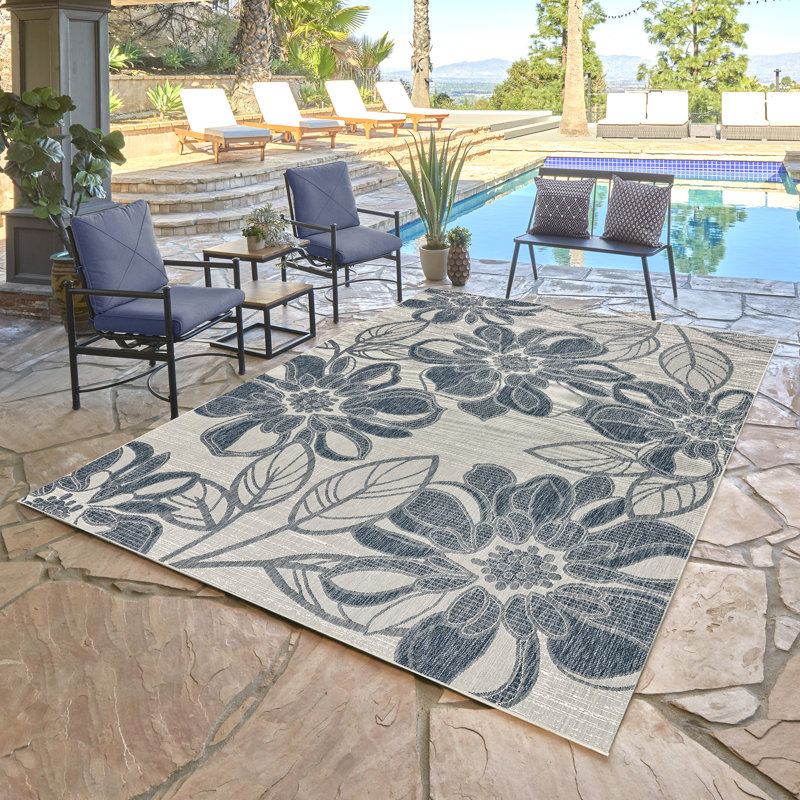  Tropea Arda All-Weather Flatweave Indoor/Outdoor Area Rug, Navy Blue Bold Floral – Patio, Deck, Porch & Poolside