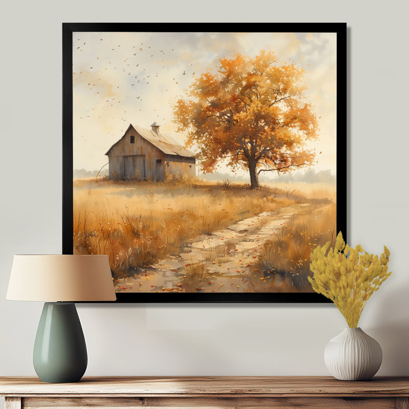 Jaune, brun, automne, campagne, délice, grange, salon, art mural, Toile encadrée noire simple, H 30 po x l 30 po x P 1 po