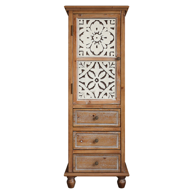 Armoire de rangement rustique en bois avec porte découpée décorative et 3 tiroirs